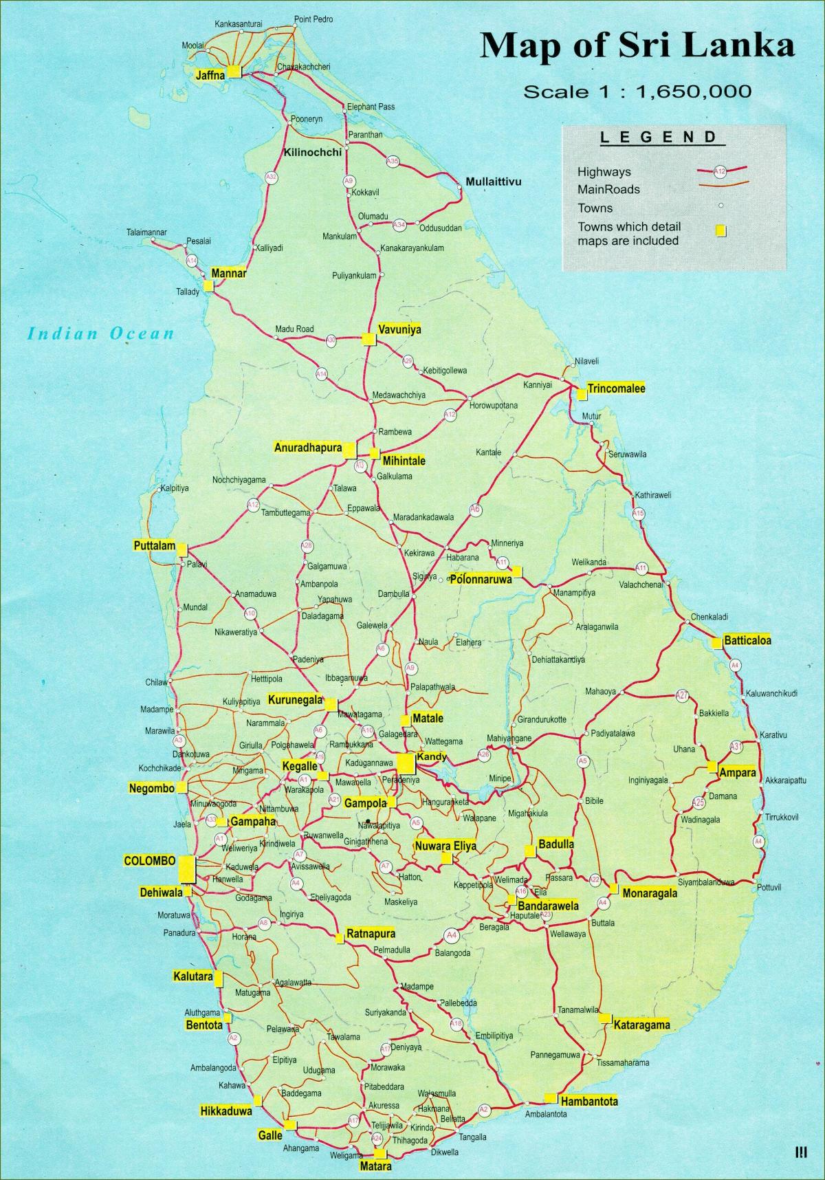 karayolu ile Sri Lanka haritası turistik harita 