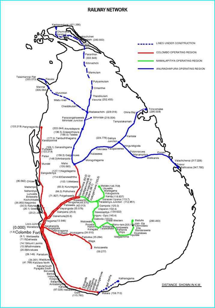 Sri Lanka demiryolu ağı haritası