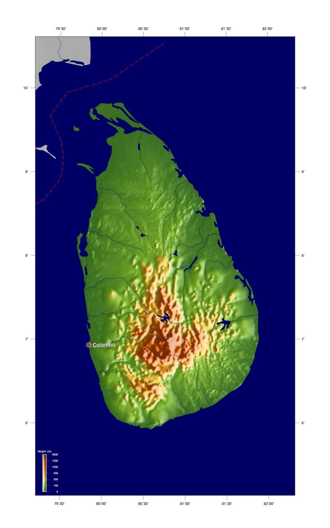 Sri Lanka yükseklik haritası